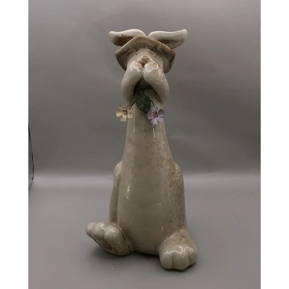 Stoneware Pottery Bunny Rabbit Figurine Wearing A Hat - Natural Color - 10